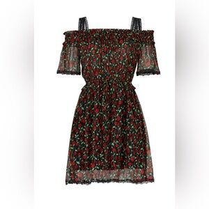 The Kooples Black Red‎ Rose Floral Lace Cold Shoulder Mini Dress FR1627 BLA01